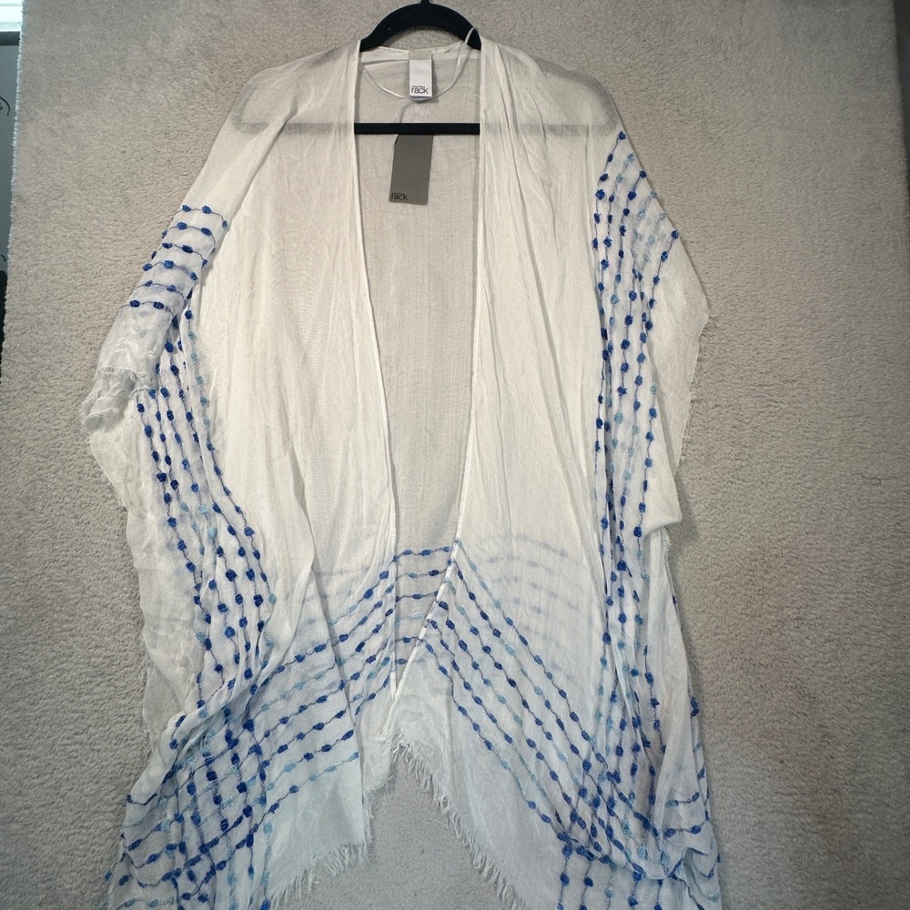 Nordstrom Rack Kimono Wrap Womens OS White Blue Textured Dot Fringe NWT